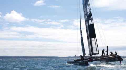 Sir Ben Ainslie and his team practise on one of their test boats on the Solent, ahead of the Portsmouth races on July 23 and 24